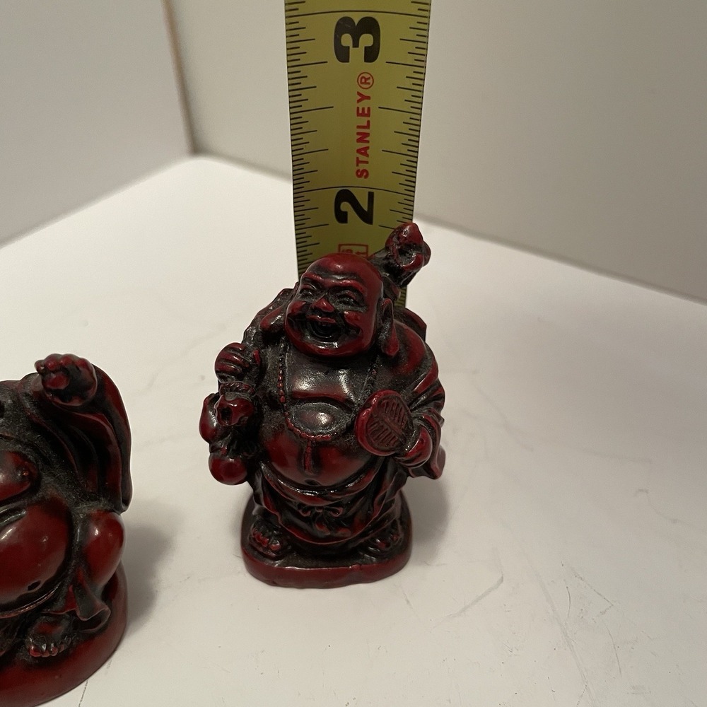 Vintage Style Mini Red Resin Laughing Buddha Figurines - Set of 2 (2") - Picture 5 of 6
